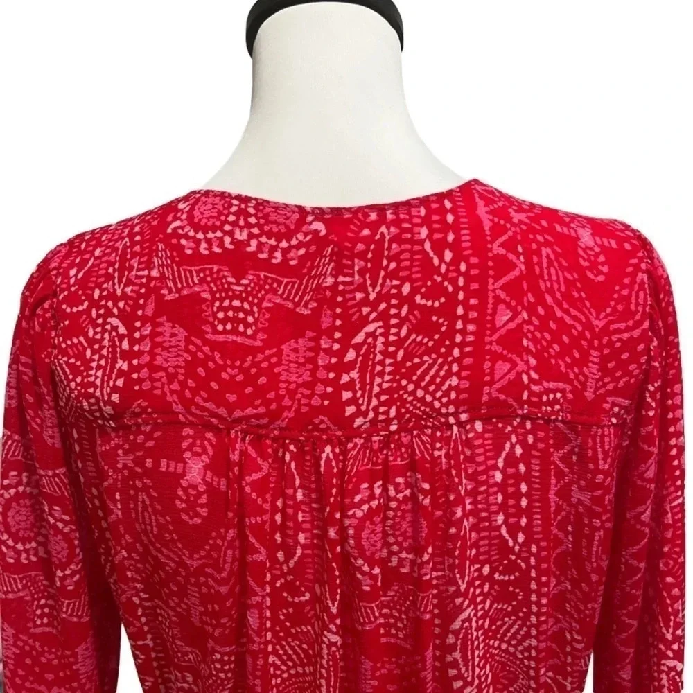 Free People Blouse. Red Sheer Asymmetrical Bell Sleeve. Medium. - Picture 4 of 9